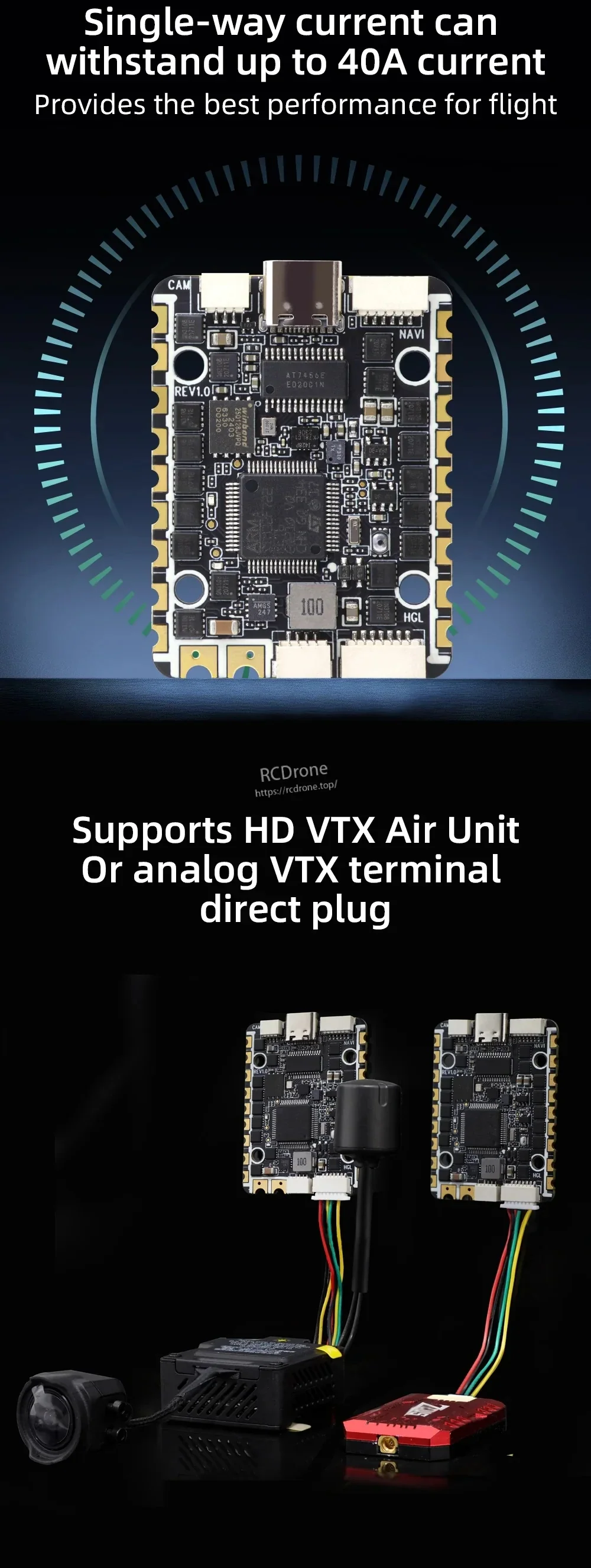 HGLRC SPECTER F722 40A AIO highlights: up to 40A per ESC channel and direct plug support for HD or analog VTX