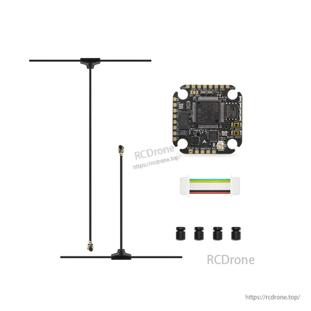 Package contents: flight controller board, two antennas, ribbon cable, and four soft mounting grommets