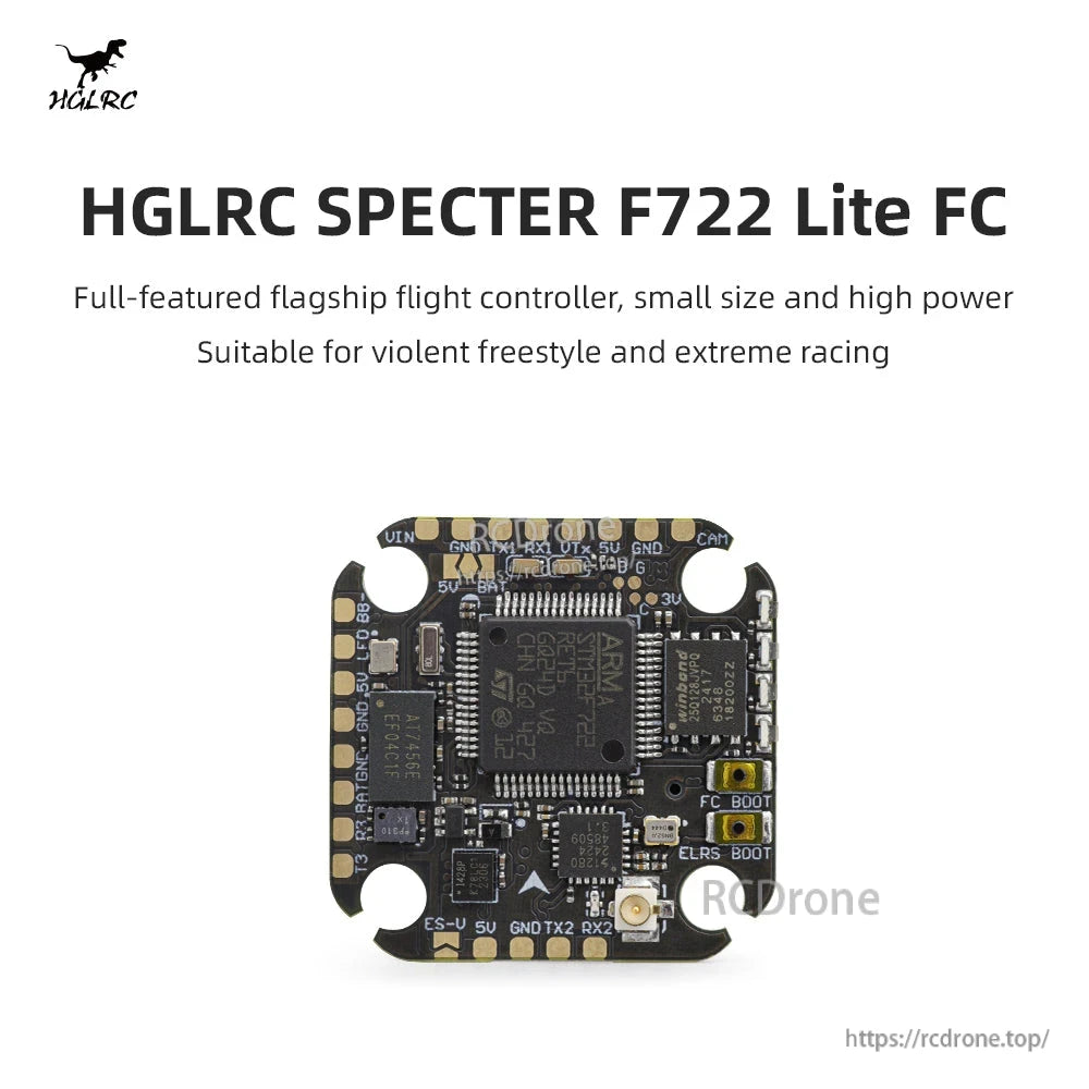 HGLRC SPECTER F722 Lite FC title graphic with flight controller shown on white background
