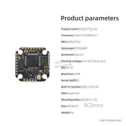 Product parameters chart for HGLRC SPECTER F722 Lite flight controller with listed specs