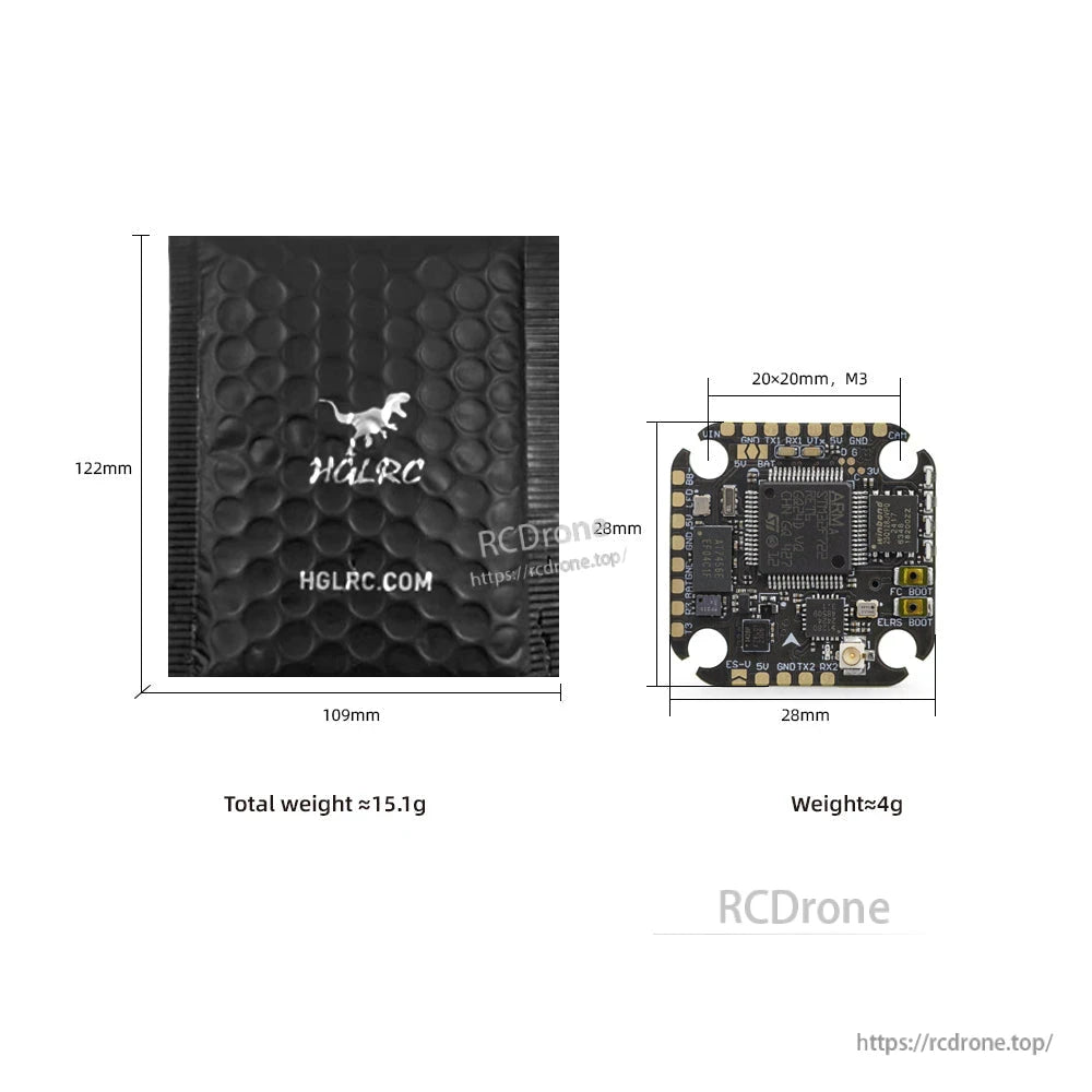 Size and weight diagram showing 28×28mm board, 20×20mm mounting, and HGLRC pouch
