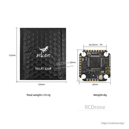 Size and weight diagram showing 28×28mm board, 20×20mm mounting, and HGLRC pouch