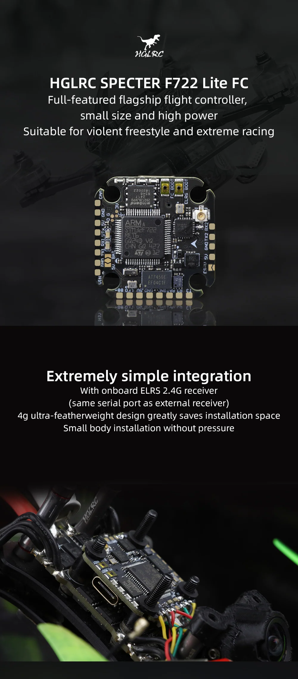 HGLRC SPECTER F722 Lite Flight Controller with onboard ELRS 2.4GHz receiver, compact 20×20 M3 board