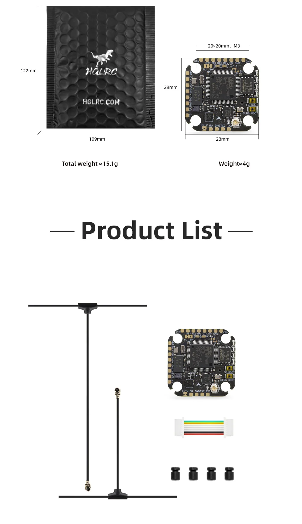 HGLRC SPECTER F722 Lite size and package contents, including T-antenna, 8-pin cable, and M3 shock absorbers