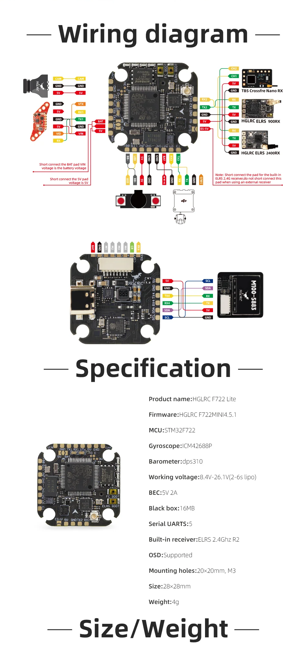 HGLRC F722 Lite wiring diagram with pad map and UART connections for camera, VTX, receiver options, and GPS