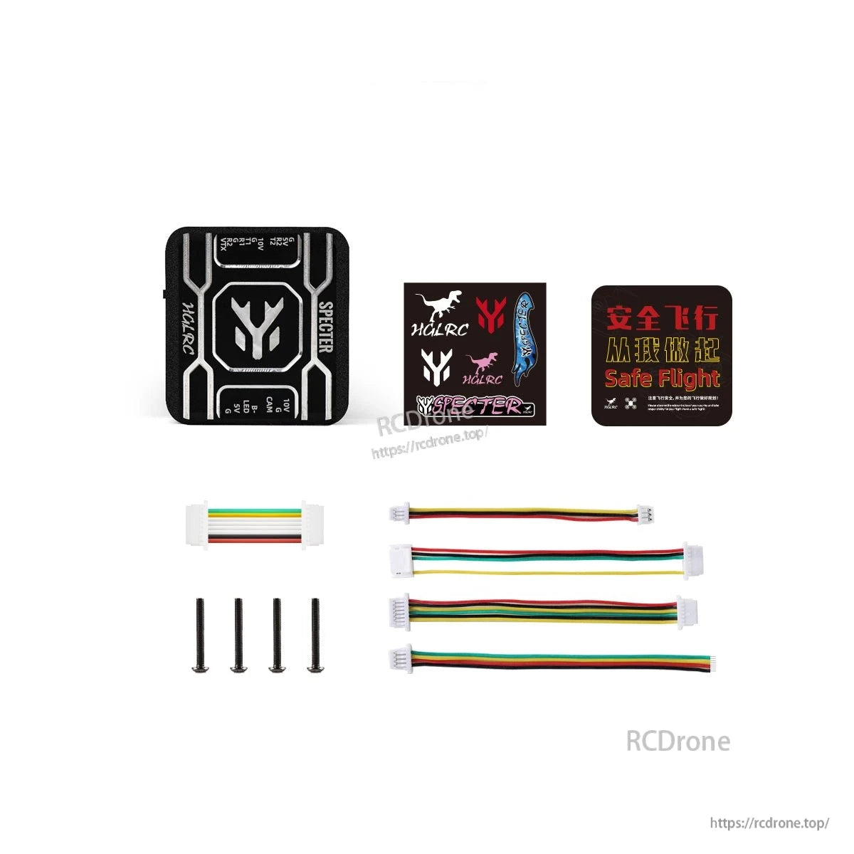Package contents: SPECTER F722 mini FC with wiring harnesses, screws, and sticker set