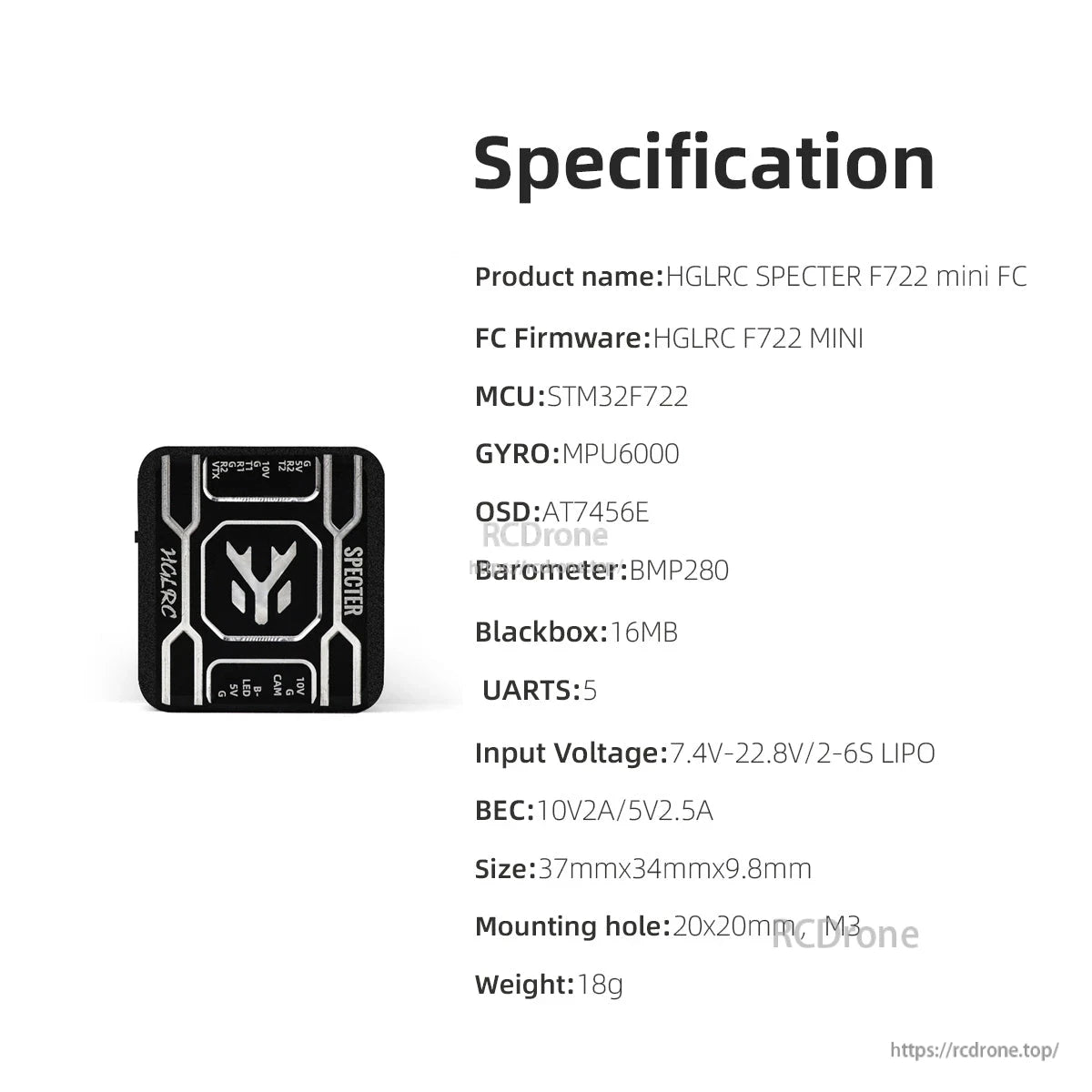 Specification chart for HGLRC SPECTER F722 mini FC listing MCU, gyro, OSD, barometer, voltage and size