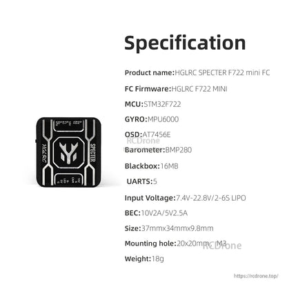 Specification chart for HGLRC SPECTER F722 mini FC listing MCU, gyro, OSD, barometer, voltage and size