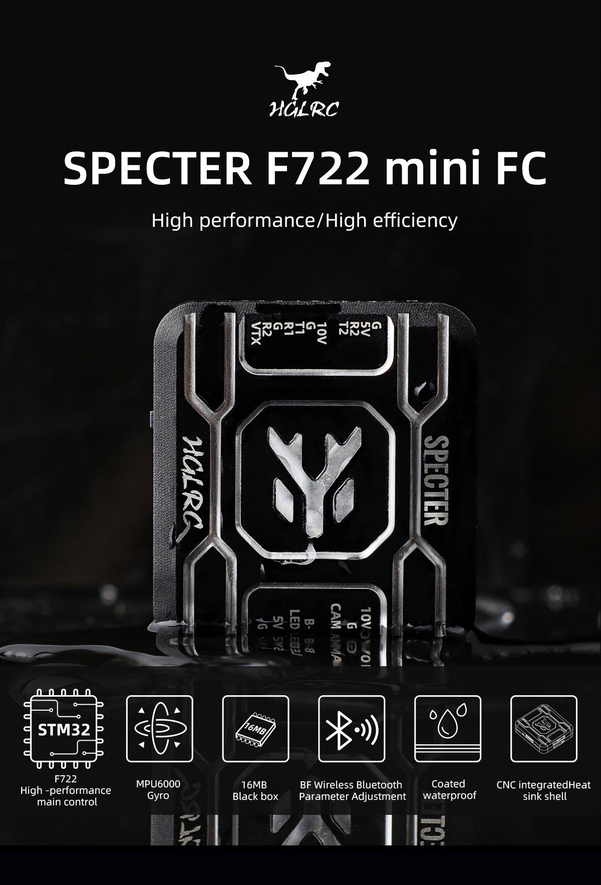 HGLRC SPECTER F722 Mini FPV Flight Controller with CNC heatsink shell and feature icons
