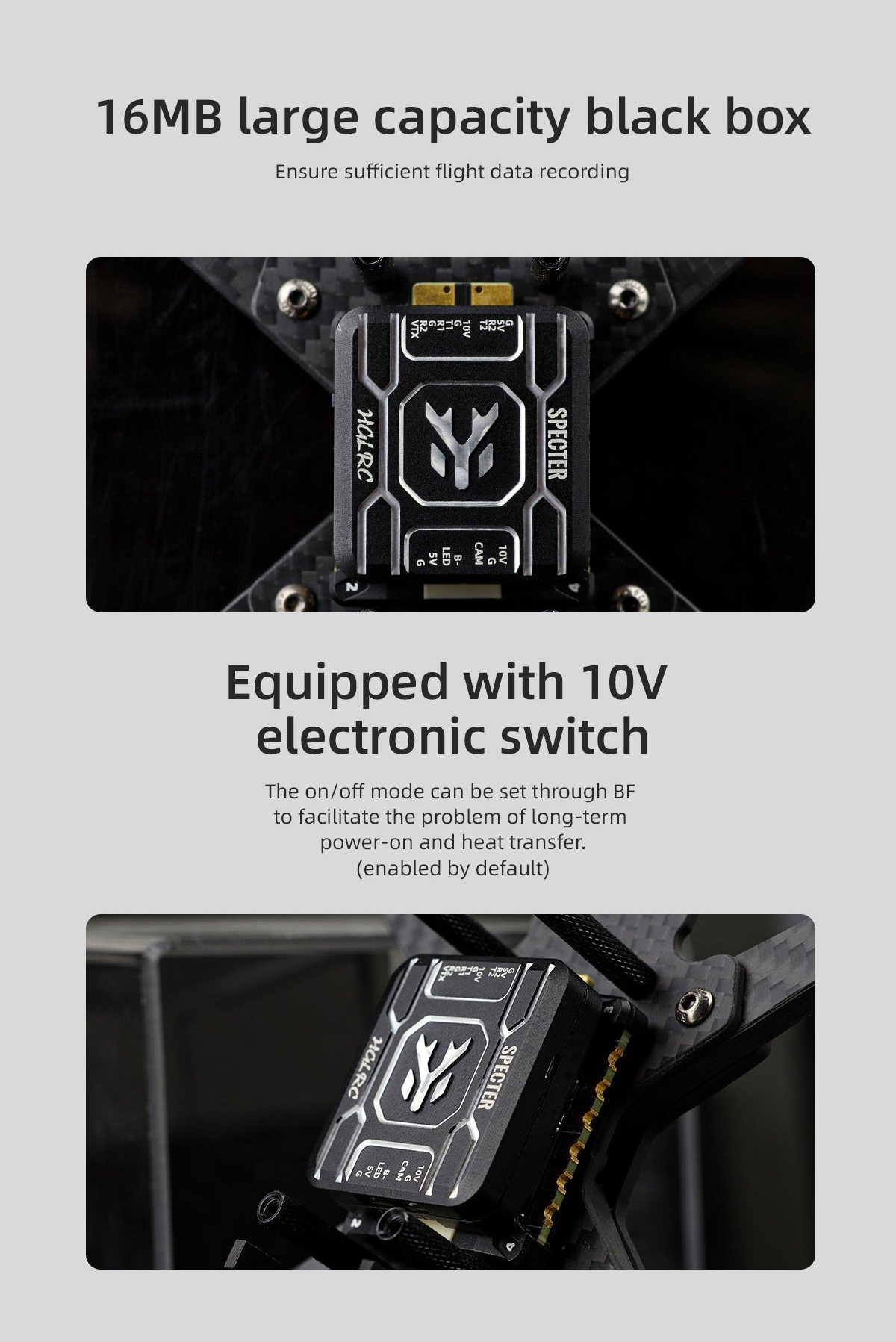 SPECTER F722 mini highlighting 16MB blackbox and 10V electronic switch for controllable power output