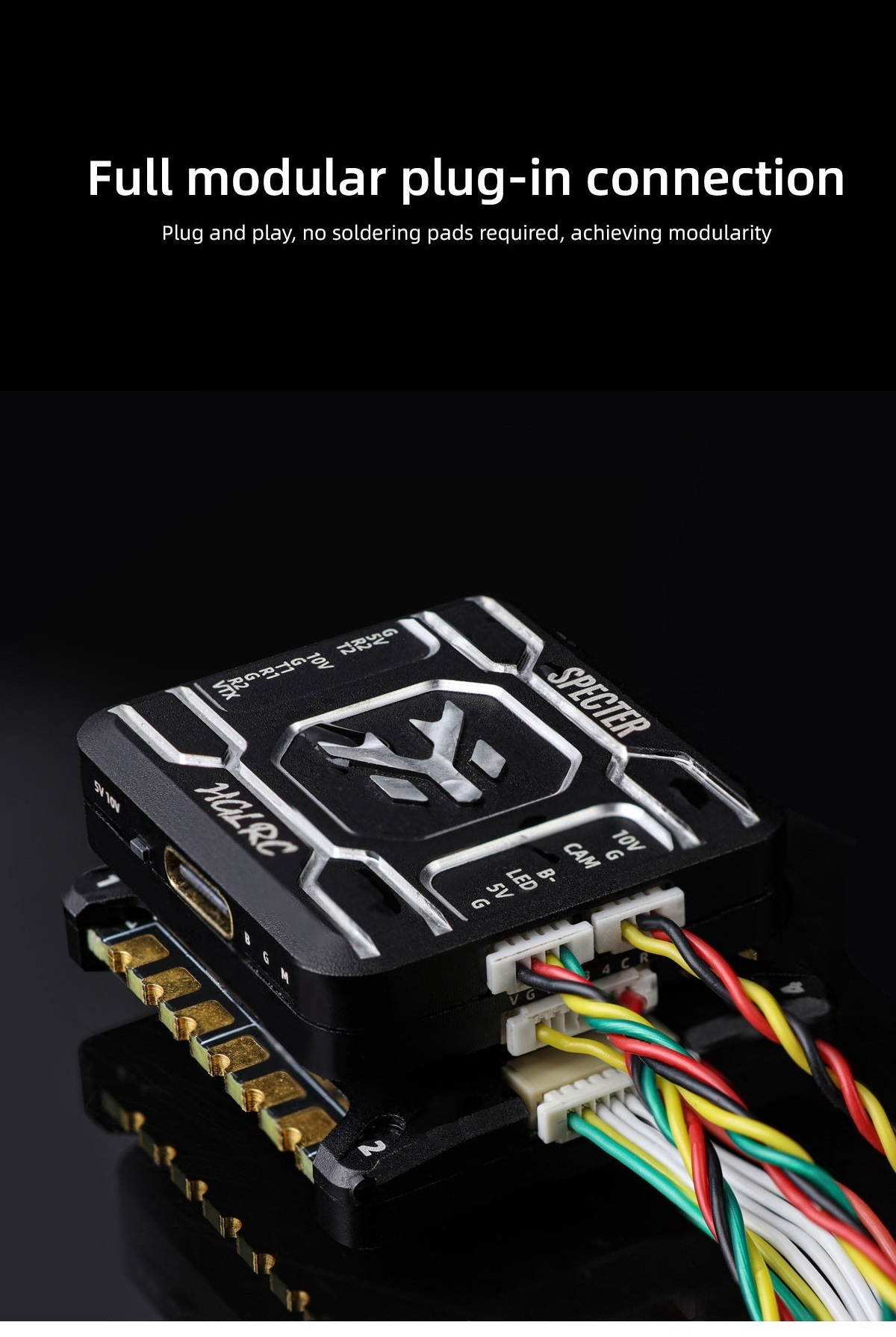 Full modular plug-in connectors on the HGLRC SPECTER F722 Mini FPV Flight Controller with wiring harnesses attached