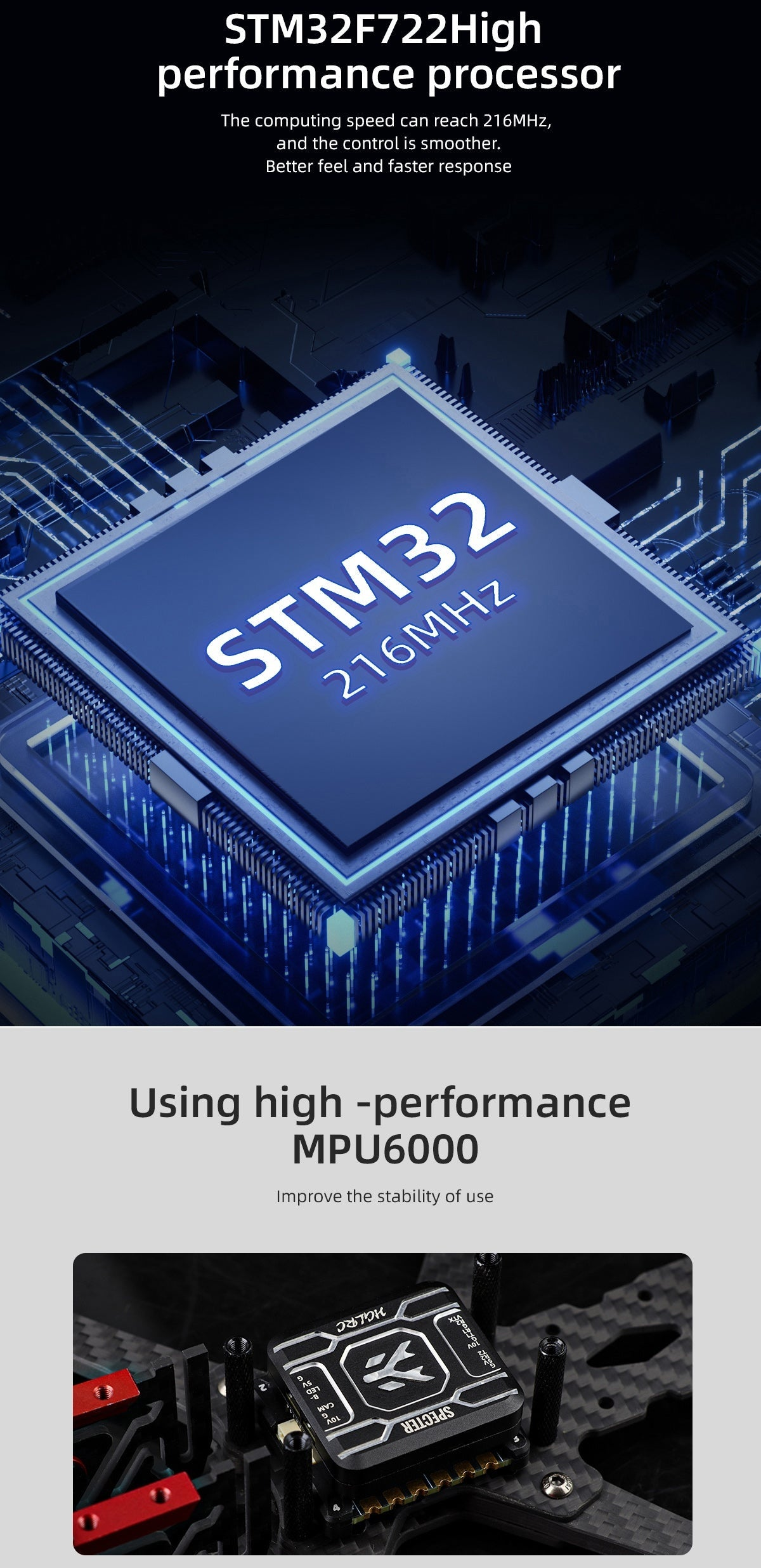 STM32F722 216MHz processor graphic and SPECTER F722 mini installed on an FPV quad frame
