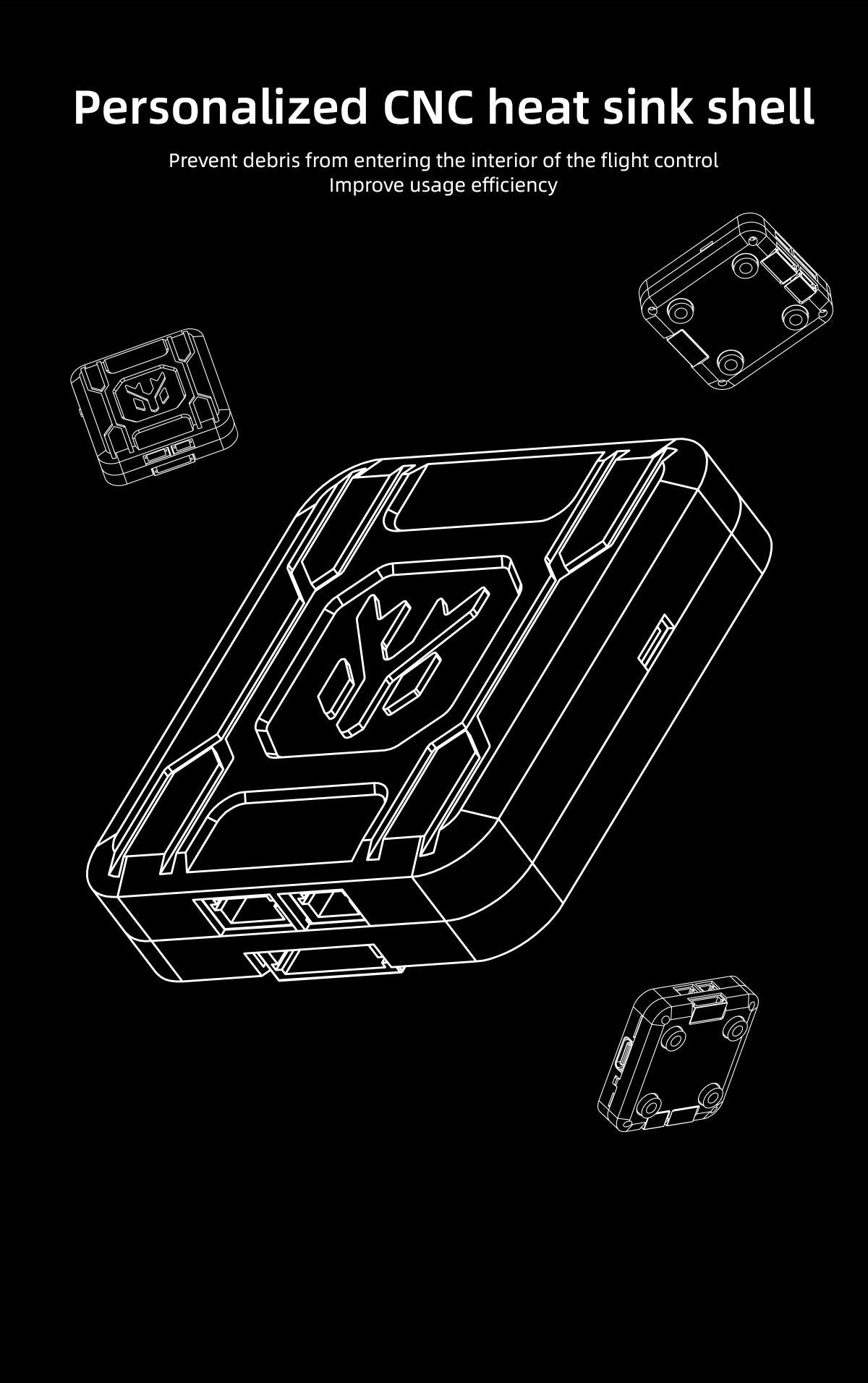 CNC heat sink shell wireframe view for the SPECTER F722 mini flight controller housing