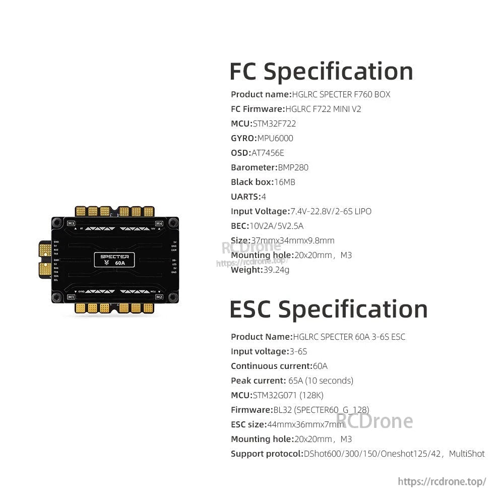 FC and ESC specification sheet for HGLRC SPECTER F760 BOX, including MCU, gyro, voltage and current