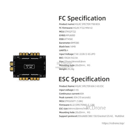 FC and ESC specification sheet for HGLRC SPECTER F760 BOX, including MCU, gyro, voltage and current