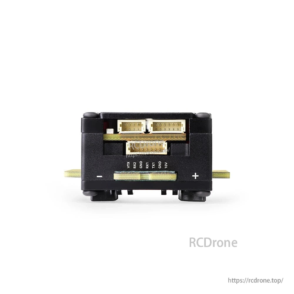 Connector close-up of stack showing JST ports and positive/negative power markings
