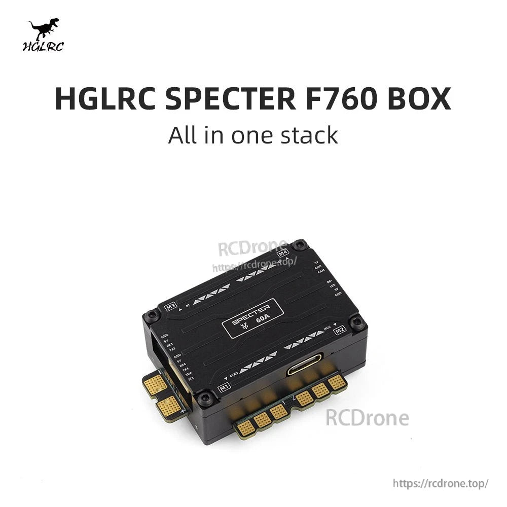 Angled 3D view of SPECTER F760 BOX all-in-one stack showing enclosed design and pad edges