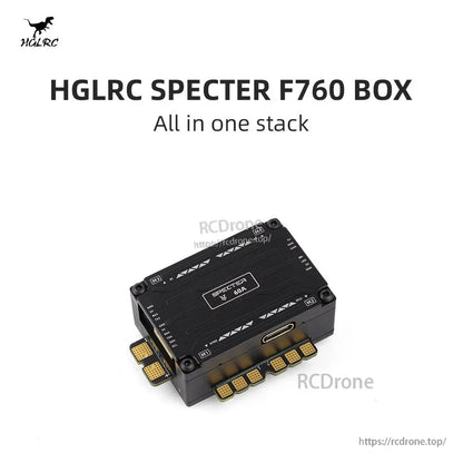 Angled 3D view of SPECTER F760 BOX all-in-one stack showing enclosed design and pad edges