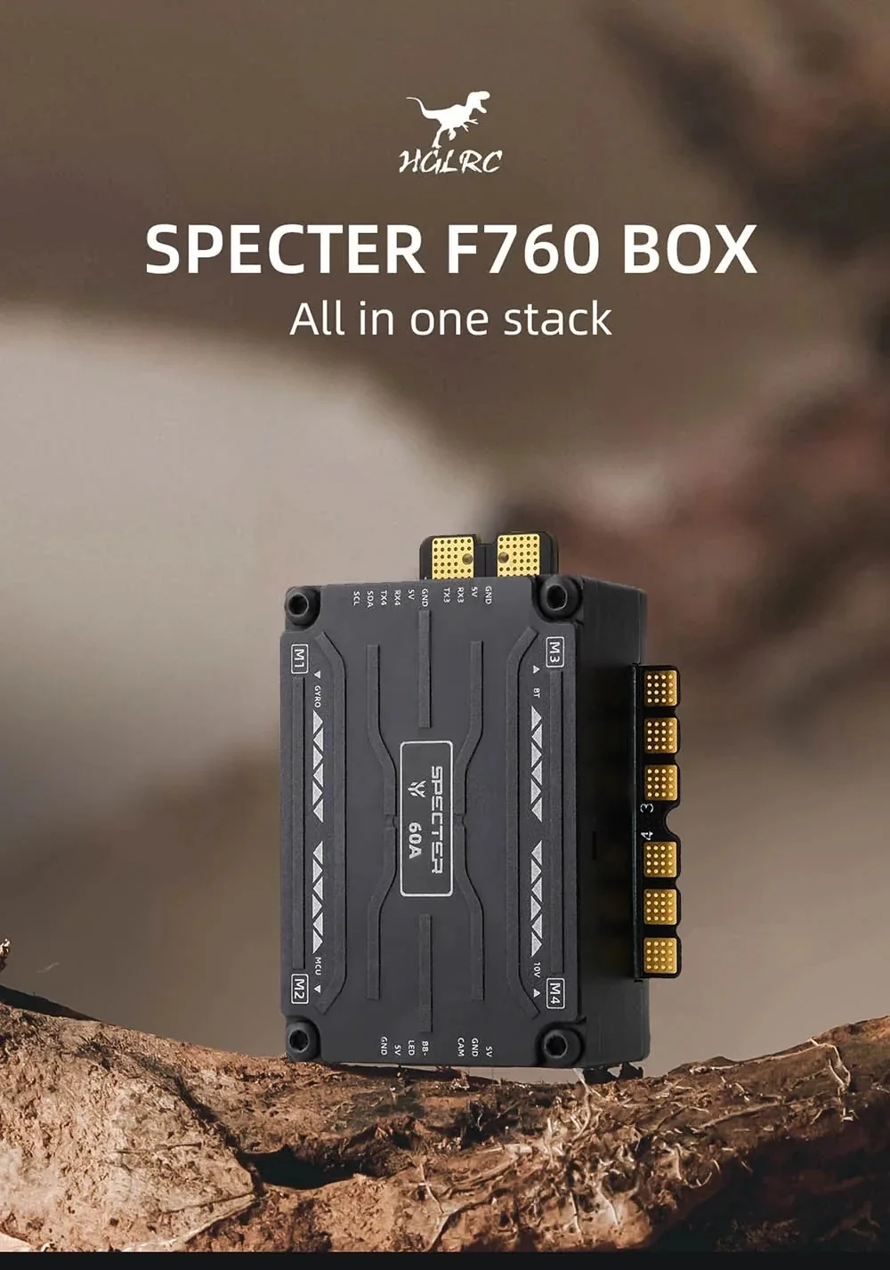 HGLRC SPECTER F760 BOX integrated FC and ESC stack, top view with gold plug-in connectors