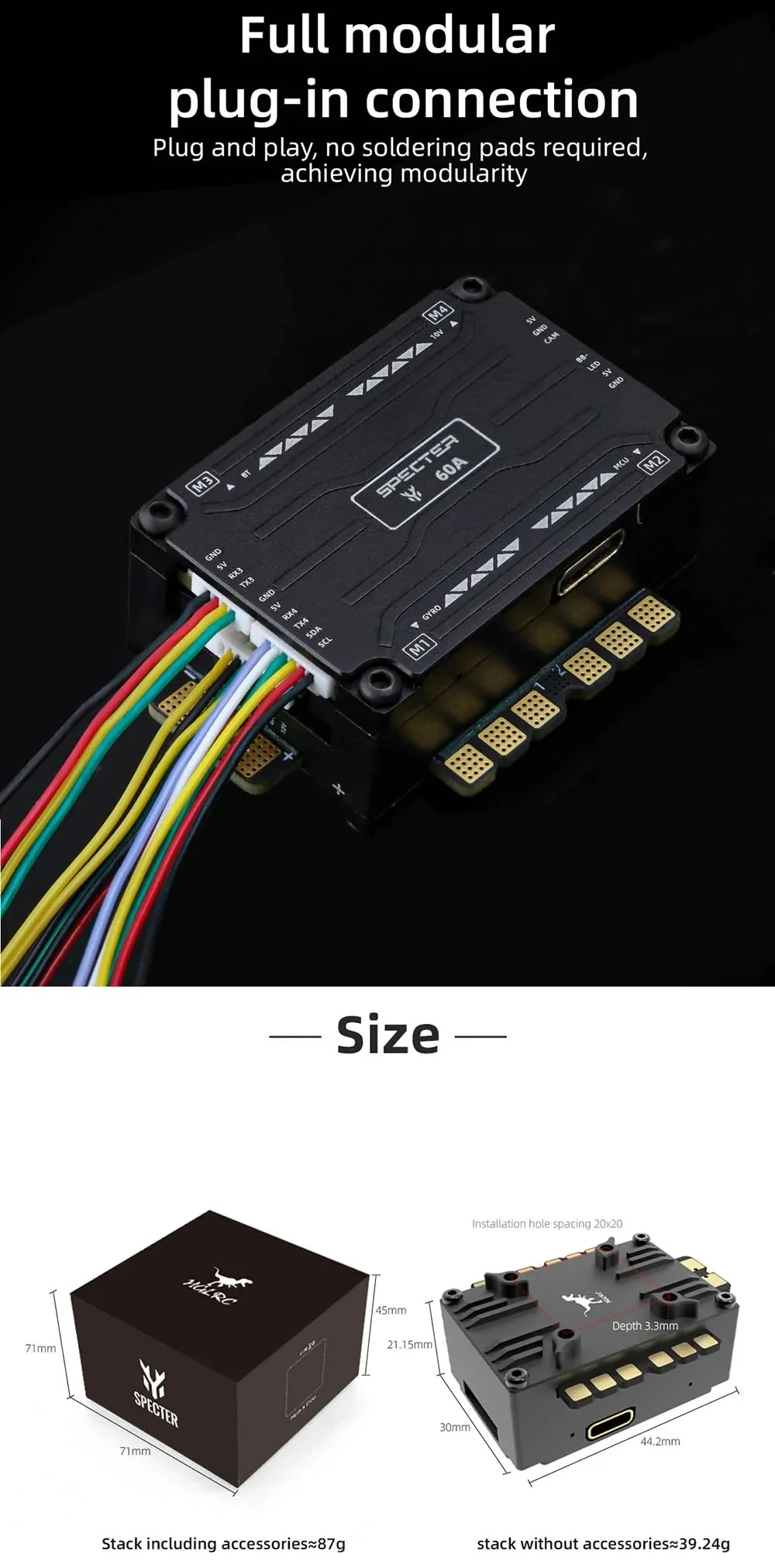 Full modular plug-in cable connections on the stack, plus size and mounting dimensions overview