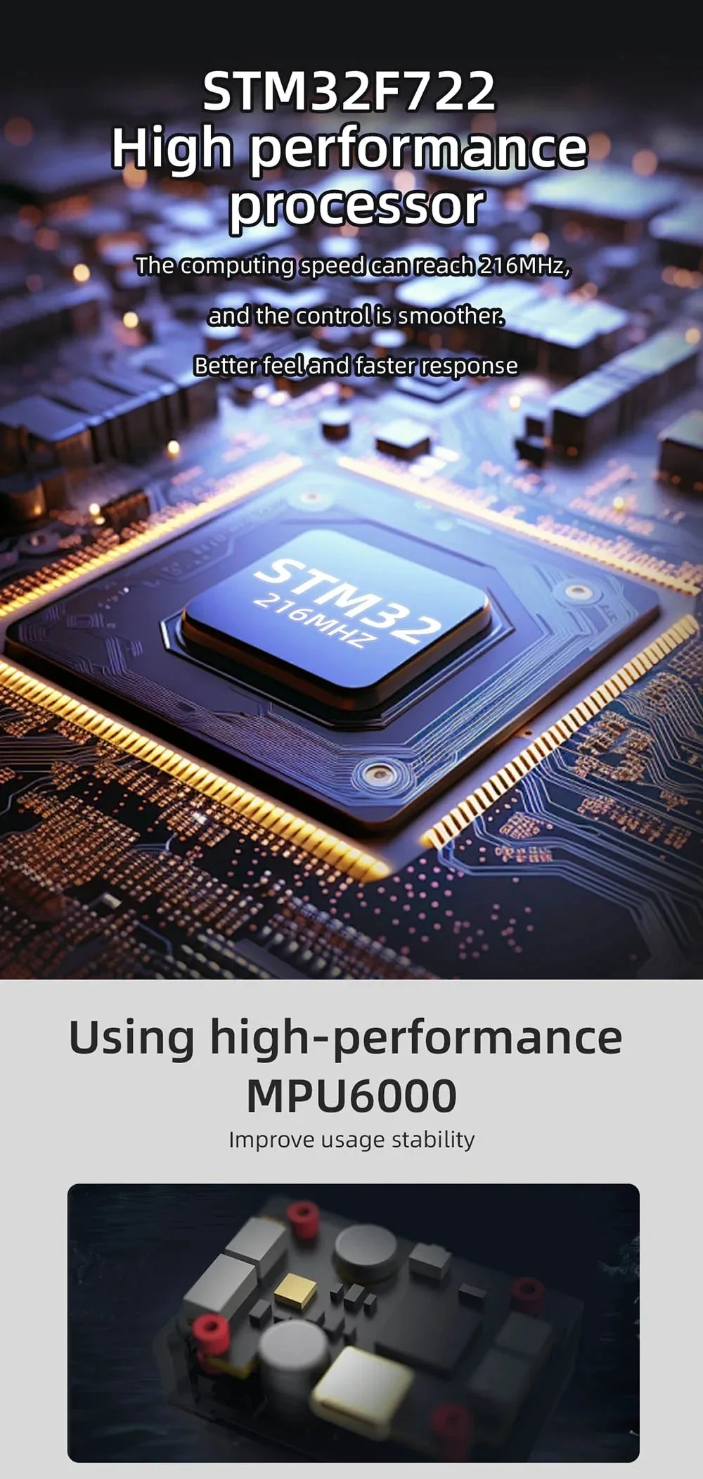 STM32F722 processor and MPU6000 gyro highlighted for the SPECTER F760 BOX flight controller stack