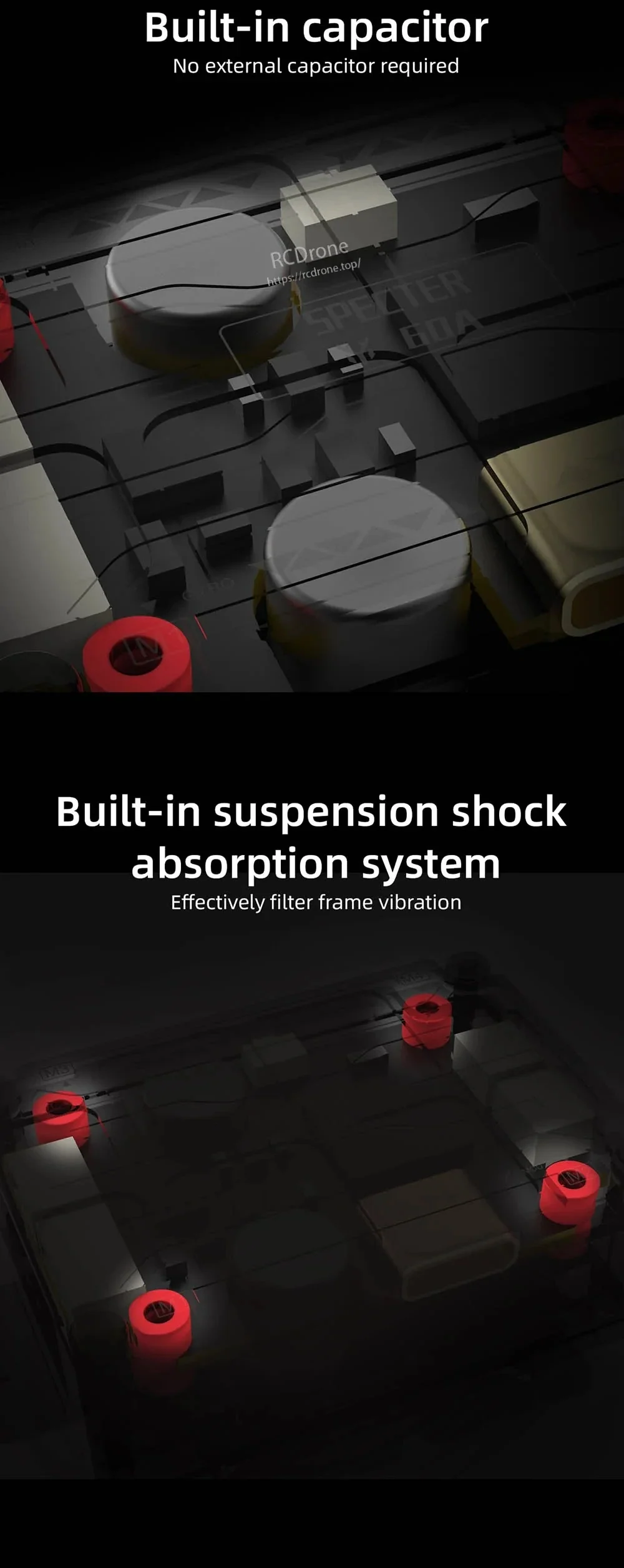 Close-up of built-in capacitor and suspension shock absorption system with vibration-damping grommets