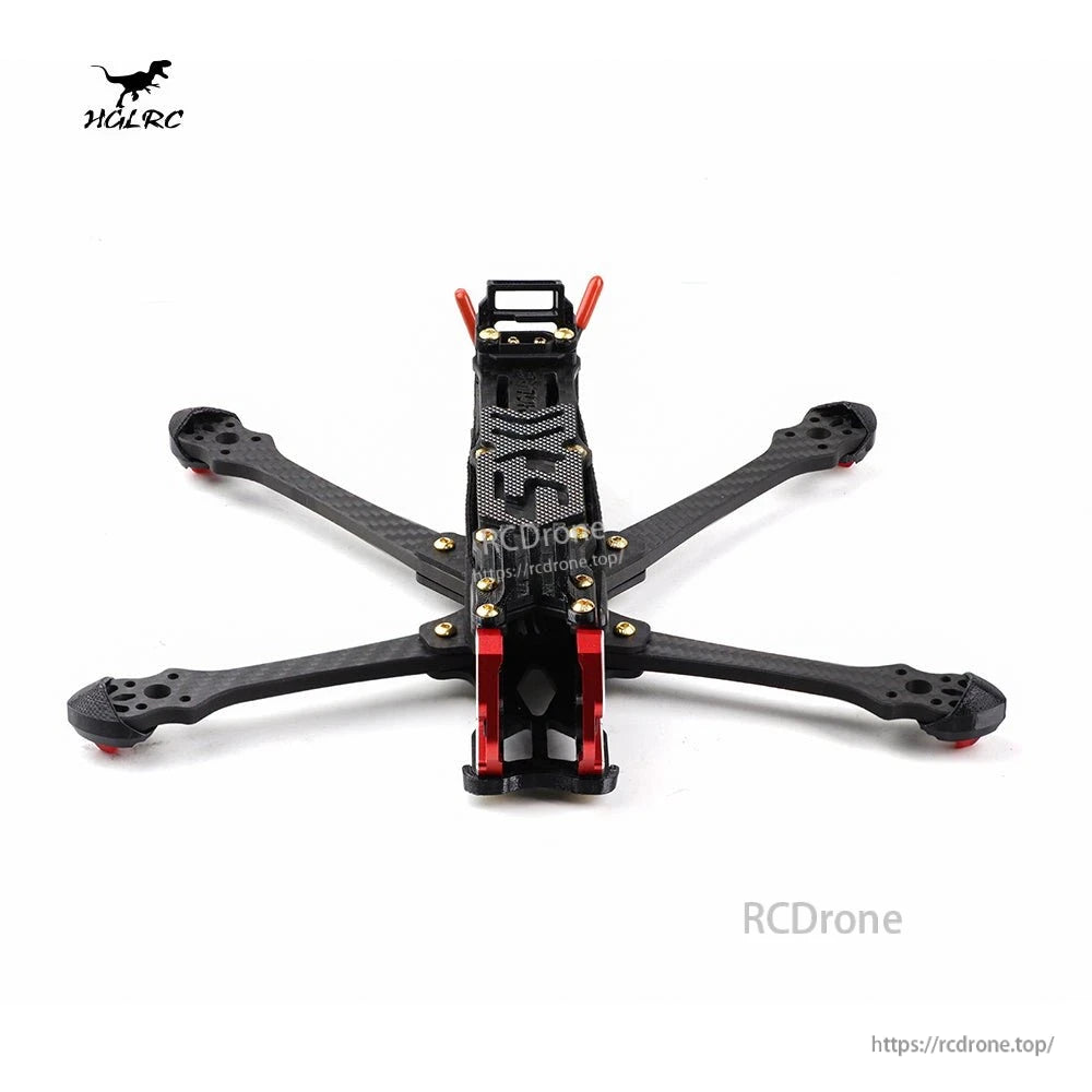 Top-down view of carbon fiber FPV frame with four 5-inch arms, front camera cage, and rear mount