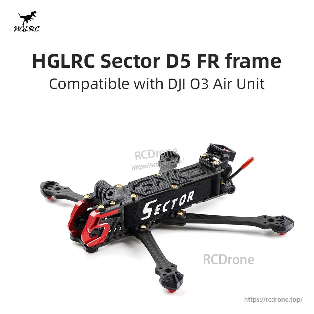 HGLRC Sector D5 FR frame promo graphic text: compatible with DJI O3 Air Unit, with angled frame photo