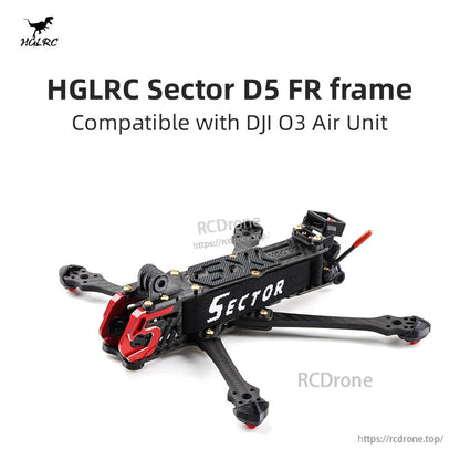 HGLRC Sector D5 FR frame promo graphic text: compatible with DJI O3 Air Unit, with angled frame photo