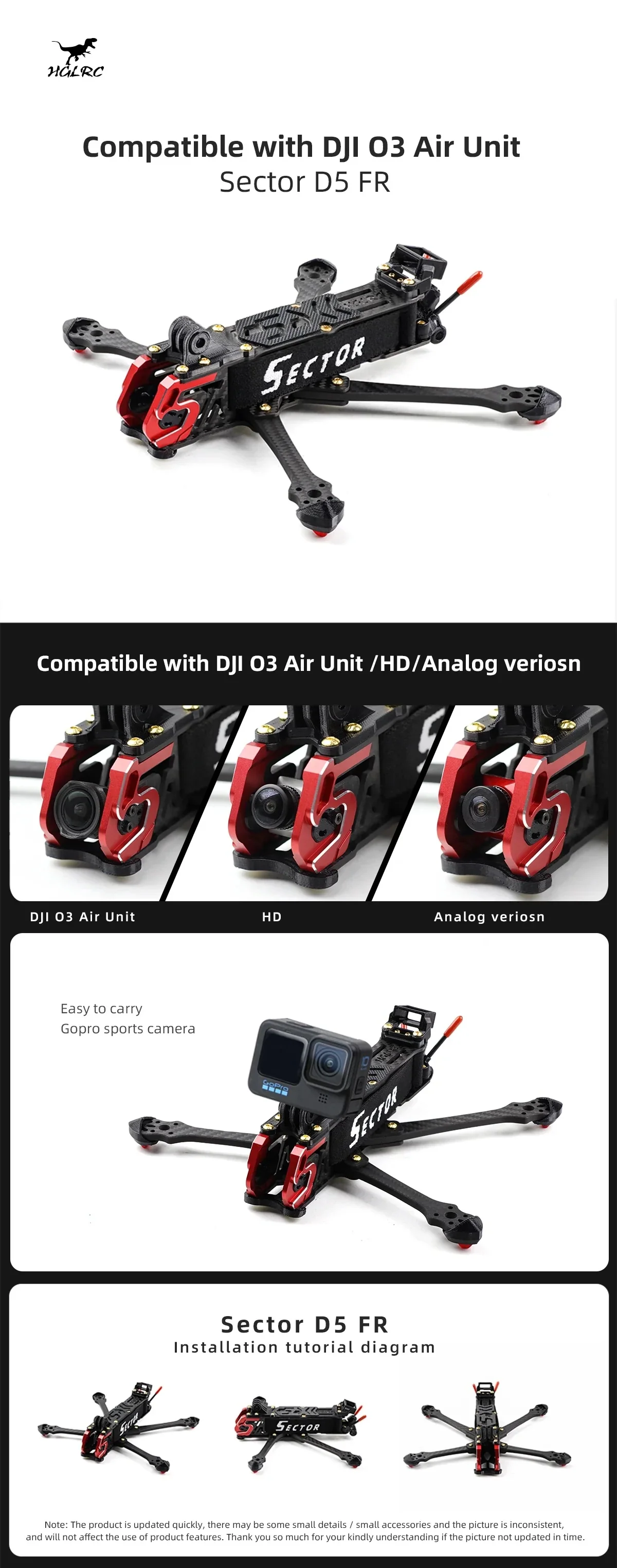 HGLRC Sector D5 FR 5-inch freestyle FPV frame build, DJI O3 Air Unit compatible camera mount and GoPro top mount