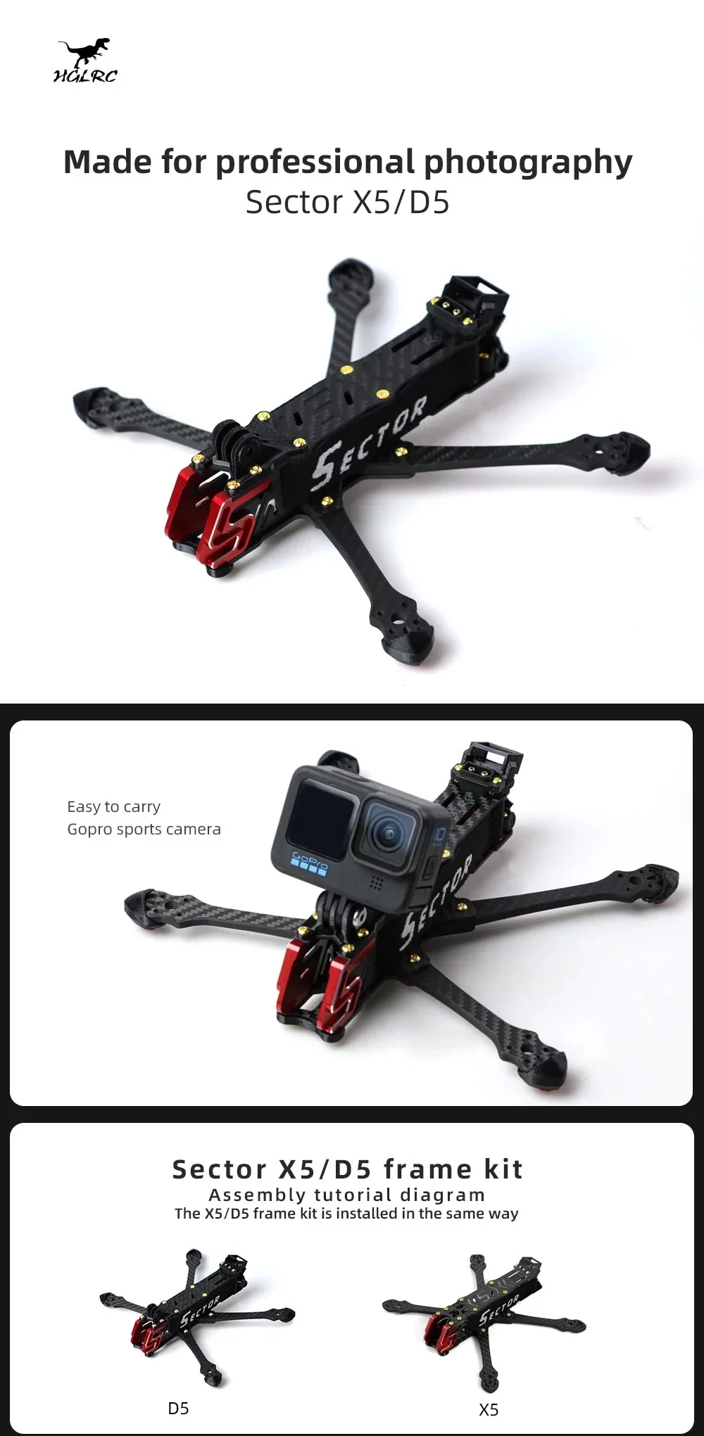 Sector D5/X5 5-inch carbon frame with CNC aluminum front camera cage and optional GoPro camera mounting example
