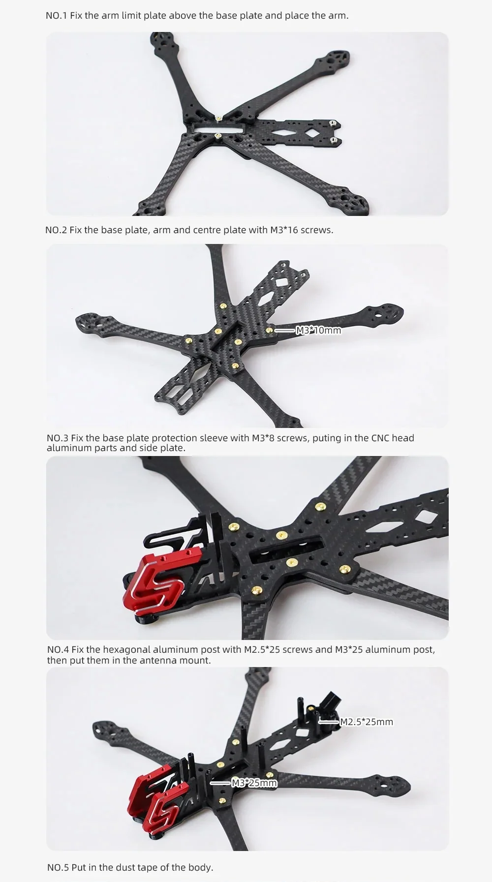 Assembly steps for Sector D5 frame base: arm limit plate, carbon arms, center plate, and CNC aluminum front section