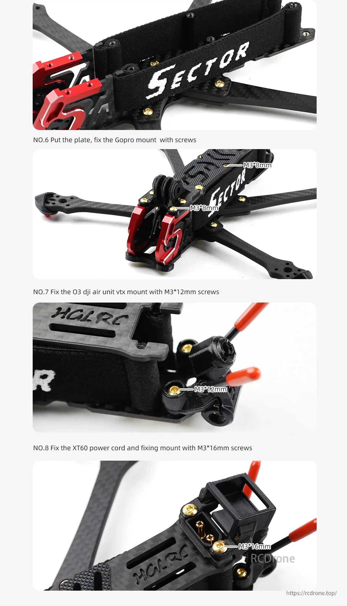 Close-up of Sector frame top plate and side guard installed, with GoPro mount position and rear mount hardware detail
