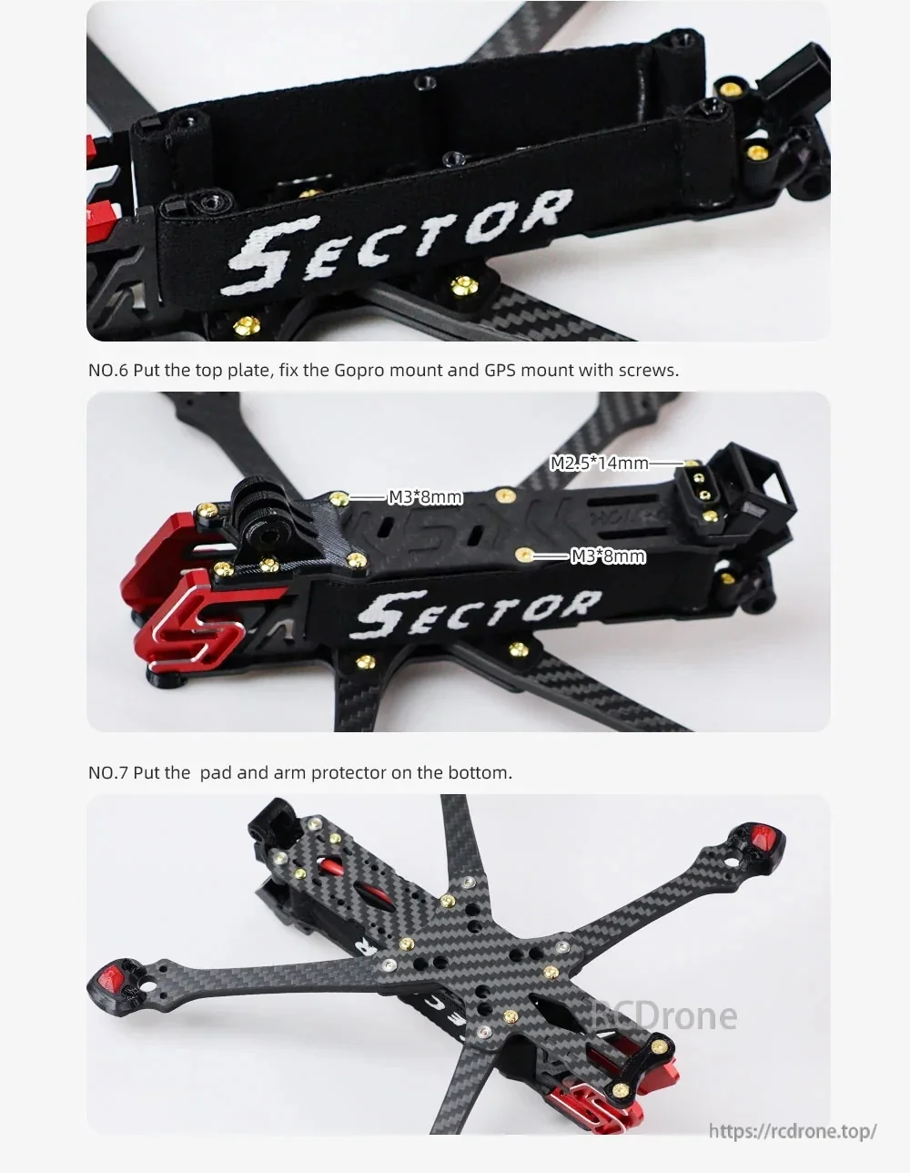 Sector D5 frame assembly detail: top plate installed, hardware callouts, and bottom view with arm protectors and pads