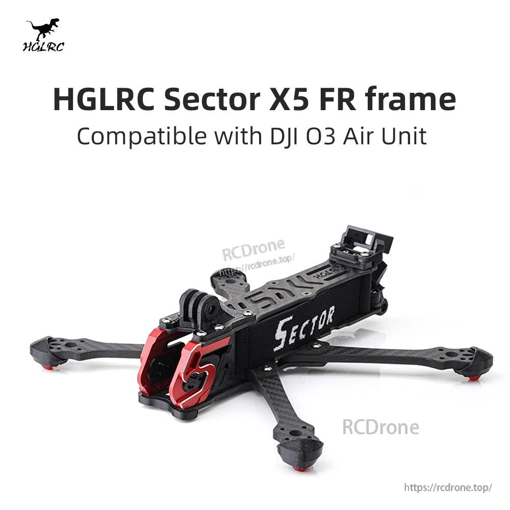 HGLRC Sector X5 FR frame compatibility graphic stating "Compatible with DJI O3 Air Unit"