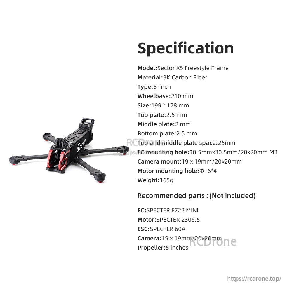 Specification chart for Sector X5 Freestyle Frame: 3K carbon fiber, 210 mm wheelbase, 165 g weight