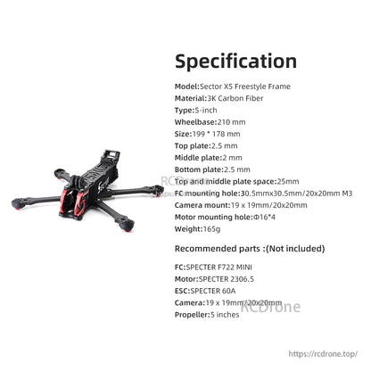 Specification chart for Sector X5 Freestyle Frame: 3K carbon fiber, 210 mm wheelbase, 165 g weight