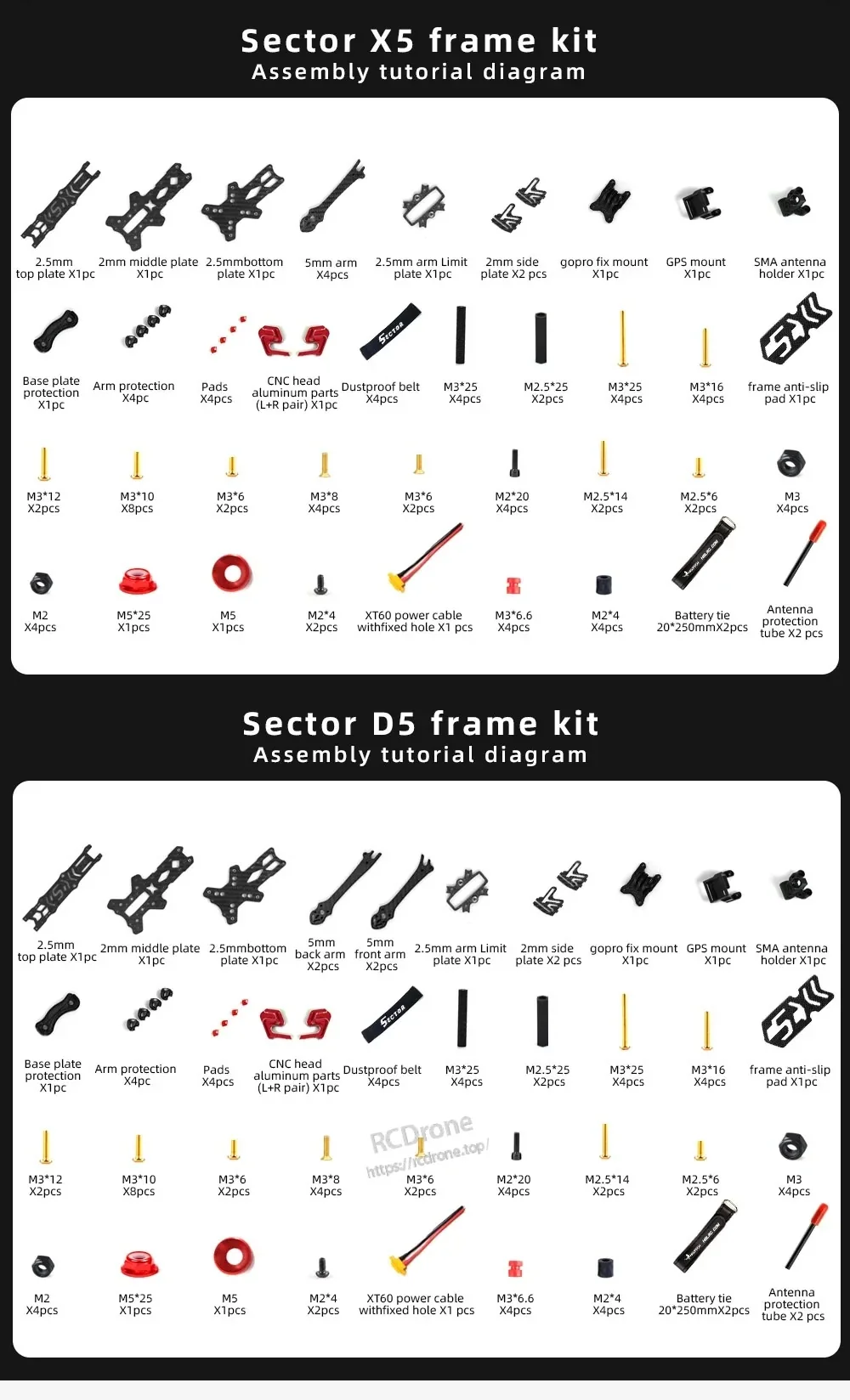 Sector X5 frame kit parts layout with carbon plates, 5mm arms, camera mount, GPS mount, straps, XT60 lead and hardware