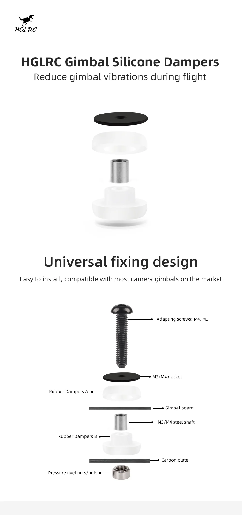 HGLRC gimbal silicone dampers shock absorber kit with universal fixing design for M3/M4 screws
