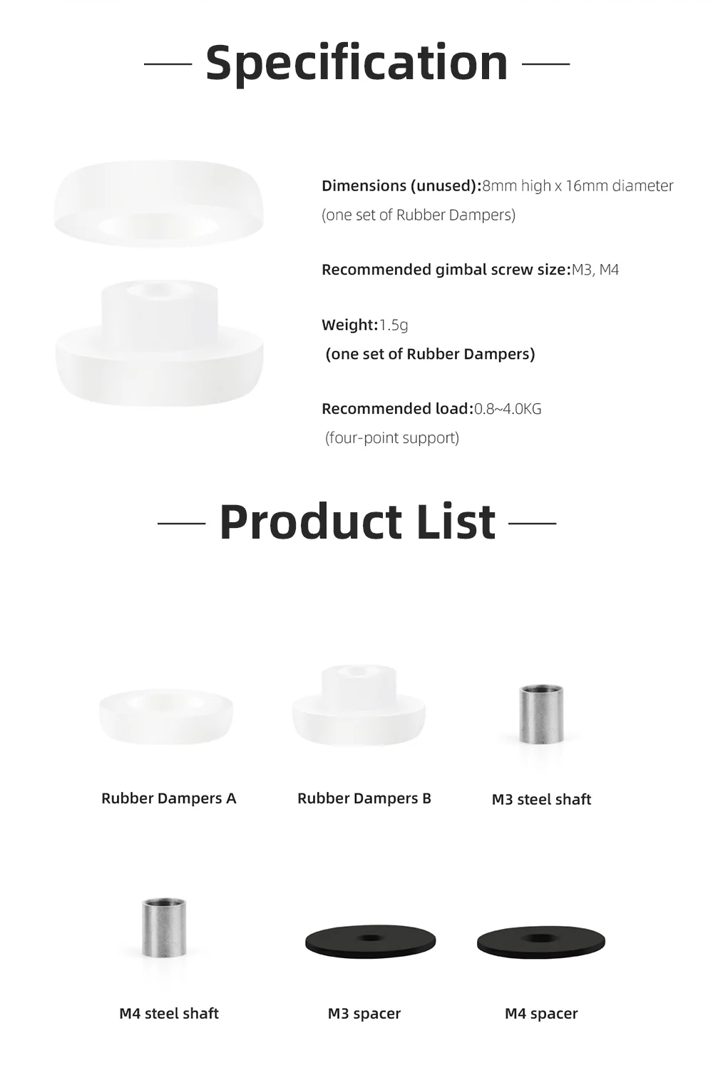 Specifications and what’s included: Rubber Dampers A/B, M3/M4 steel shafts, and M3/M4 spacers