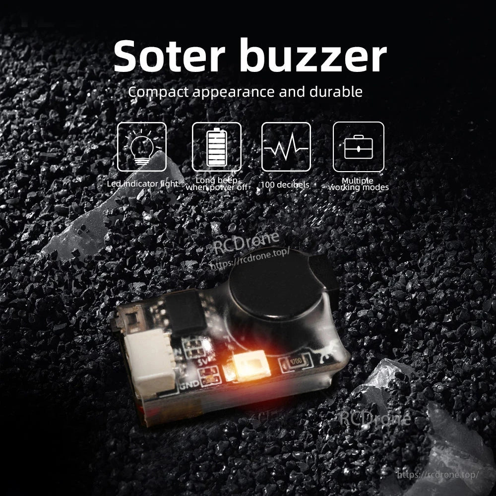 Soter buzzer feature graphic showing LED indicator, long beep when power off, and 100 decibels