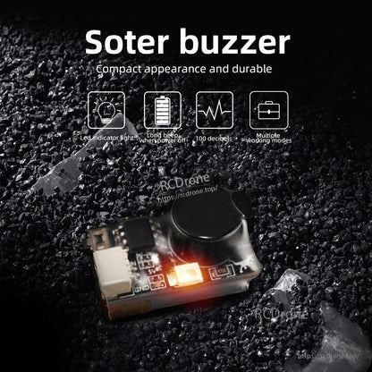 Soter buzzer feature graphic showing LED indicator, long beep when power off, and 100 decibels