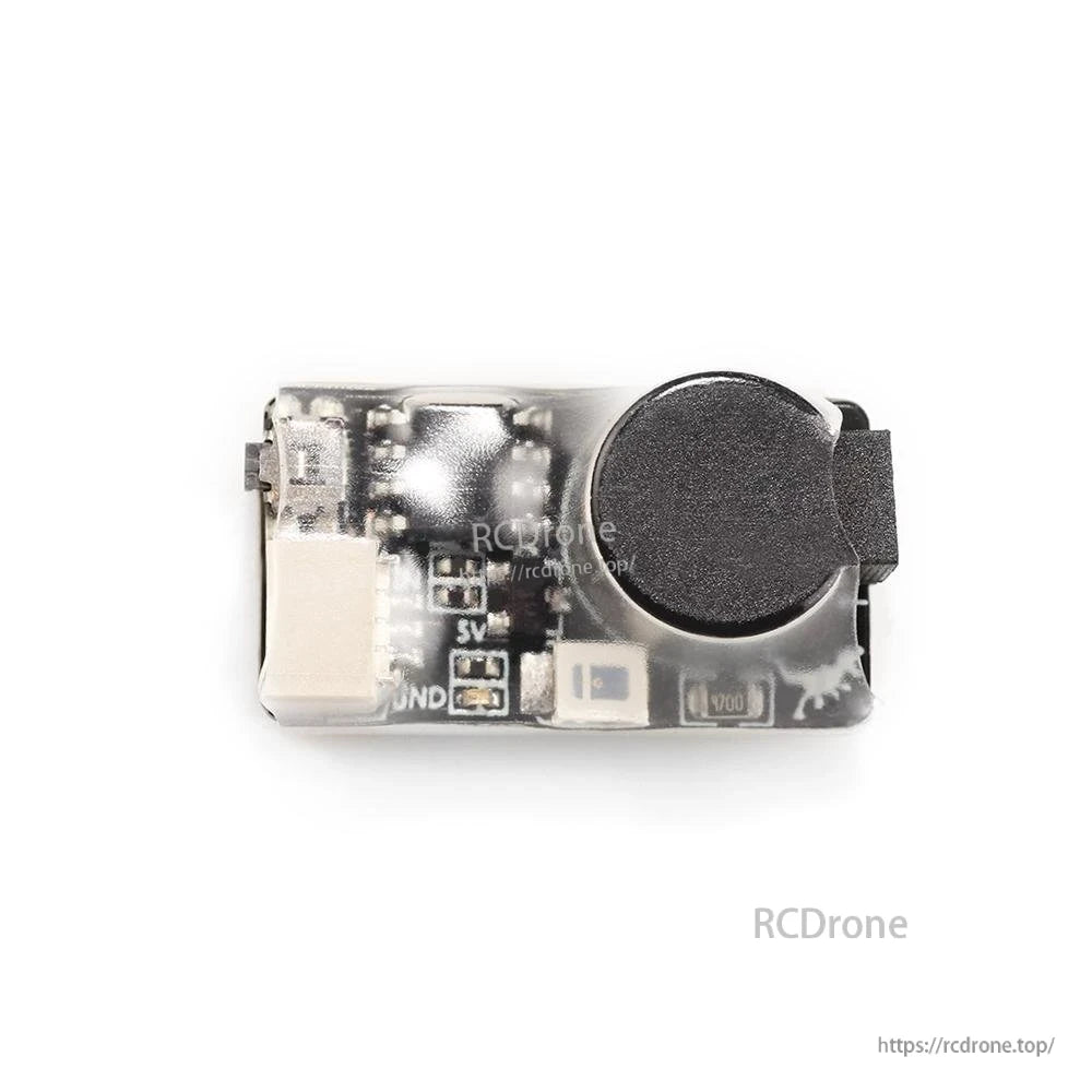 Top view of buzzer module with LED indicator and PCB markings including 5V and GND