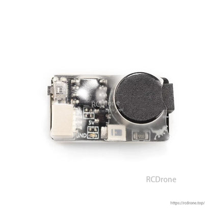 Top view of buzzer module with LED indicator and PCB markings including 5V and GND