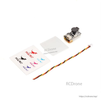 Package contents: buzzer module, 3-wire plug lead, clear heatshrink sleeve, and HGLRC stickers