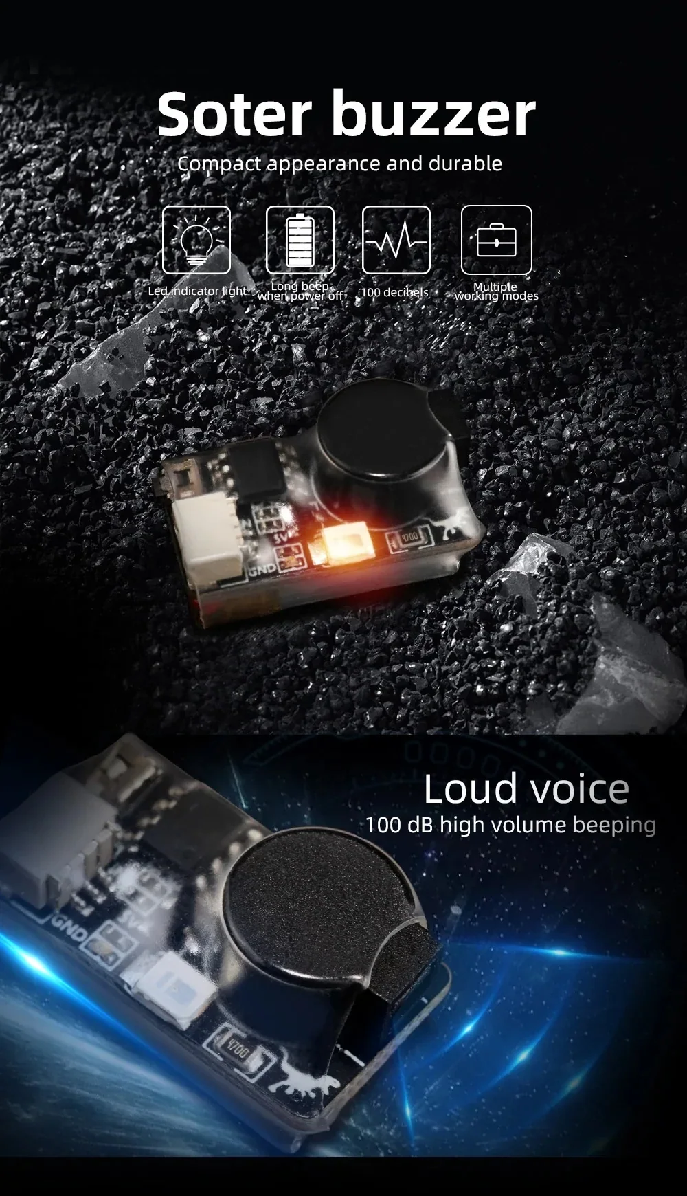 HGLRC Soter 5V FPV drone buzzer with built-in LED indicator, compact 100dB beeper module