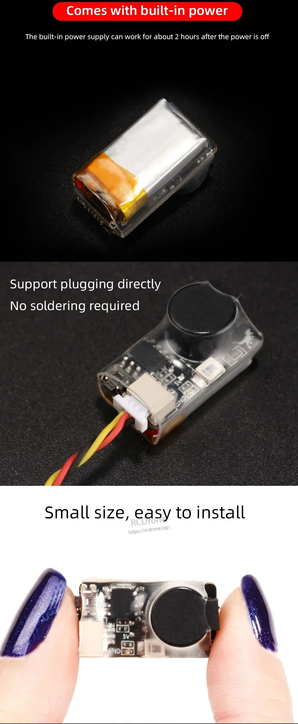HGLRC Soter buzzer built-in battery pack and plug-in connector for no-solder installation on FPV builds
