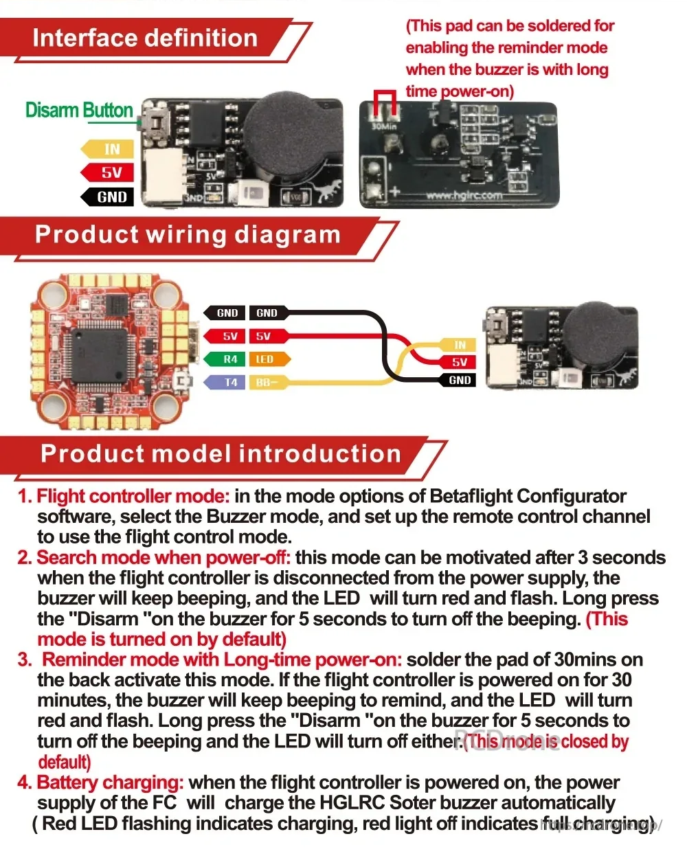 Soter buzzer interface definition (IN/5V/GND), wiring diagram to flight controller, and working mode notes