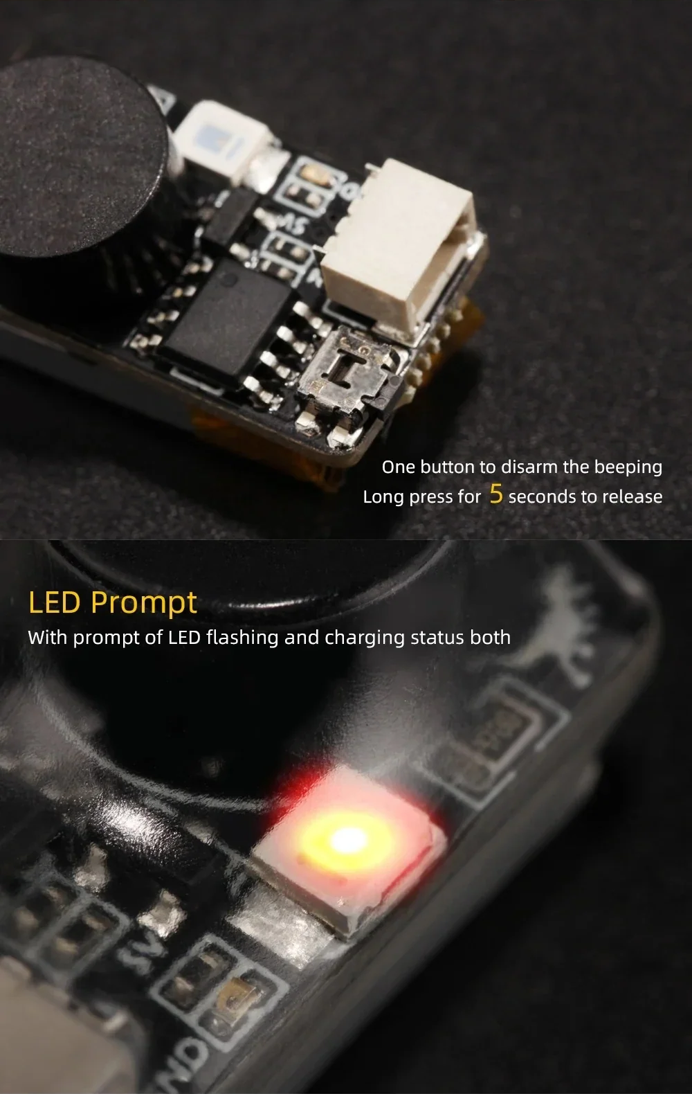Close-up of disarm push button and red LED status light on the Soter buzzer board