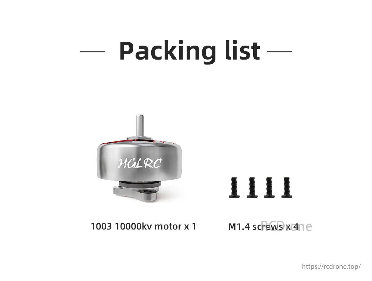 HGLRC Specter 1003 Motor, Packing list includes 1003 10000kv motor, M1.4 screws (x4), and HGLRC product details.